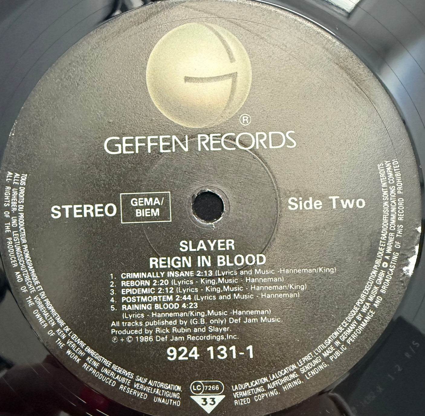 SLAYER - Reign In Blood - USED LP VINYL - ORIGINAL 1986 EUROPE PRESS - VG+/VG+