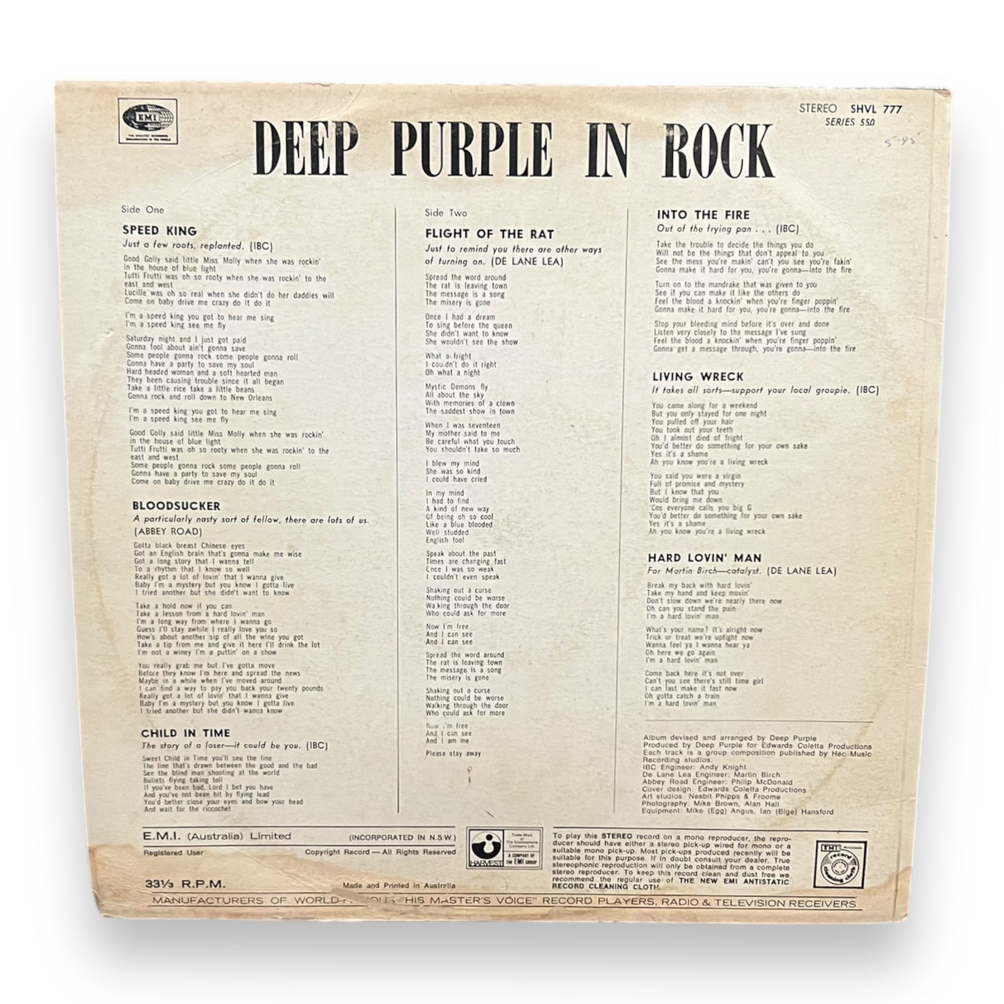 DEEP PURPLE - In Rock - USED LP VINYL - 1973 AUSTRALIAN PRESS - VG+/G+