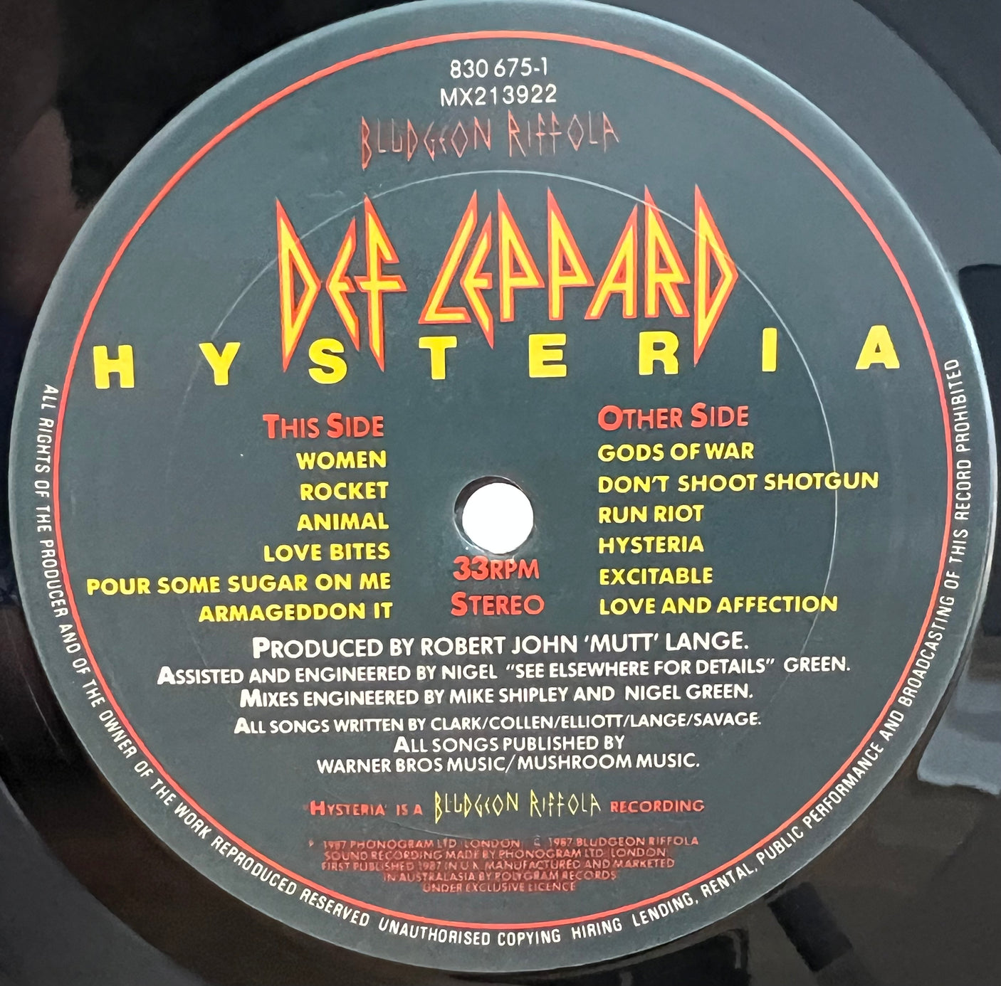 DEF LEPPARD - Hysteria - USED VINYL LP - VG+/VG+