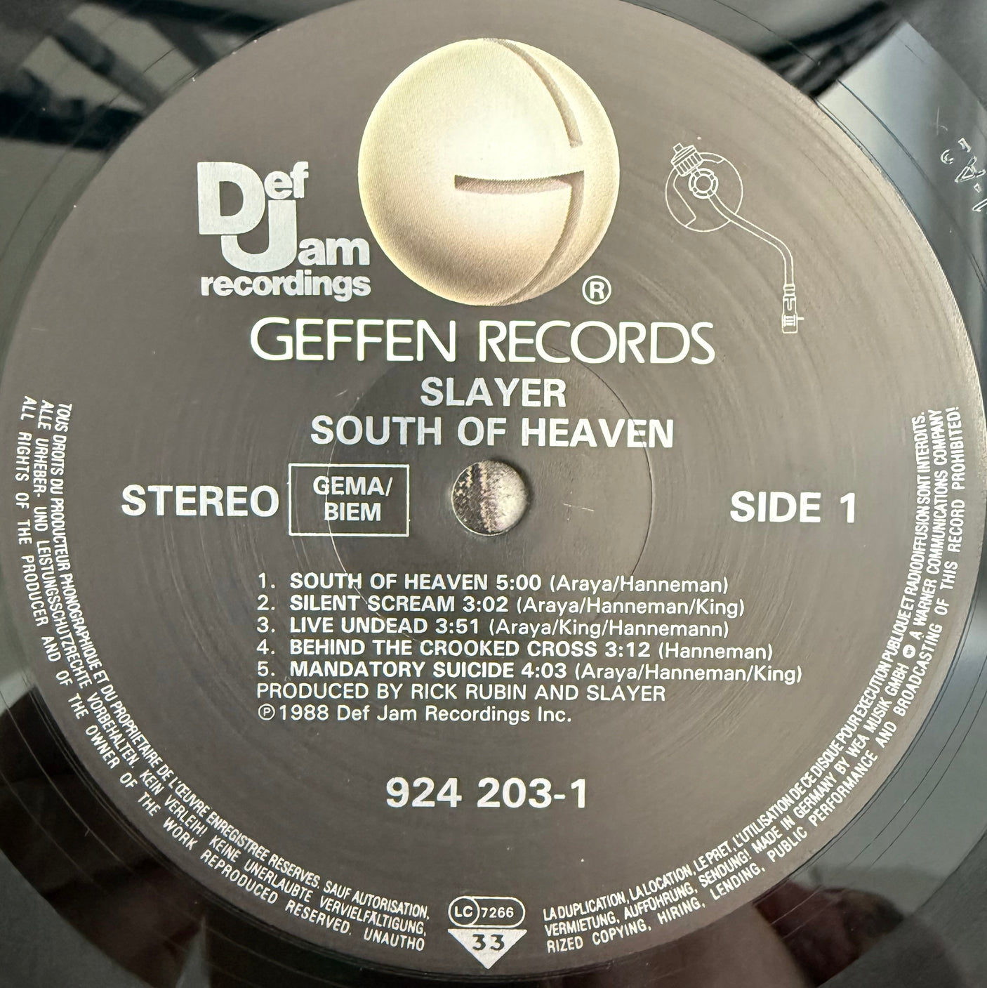 SLAYER - South Of Heaven - USED LP VINYL - ORIGINAL 1988 EUROPE PRESS - VG+/VG+