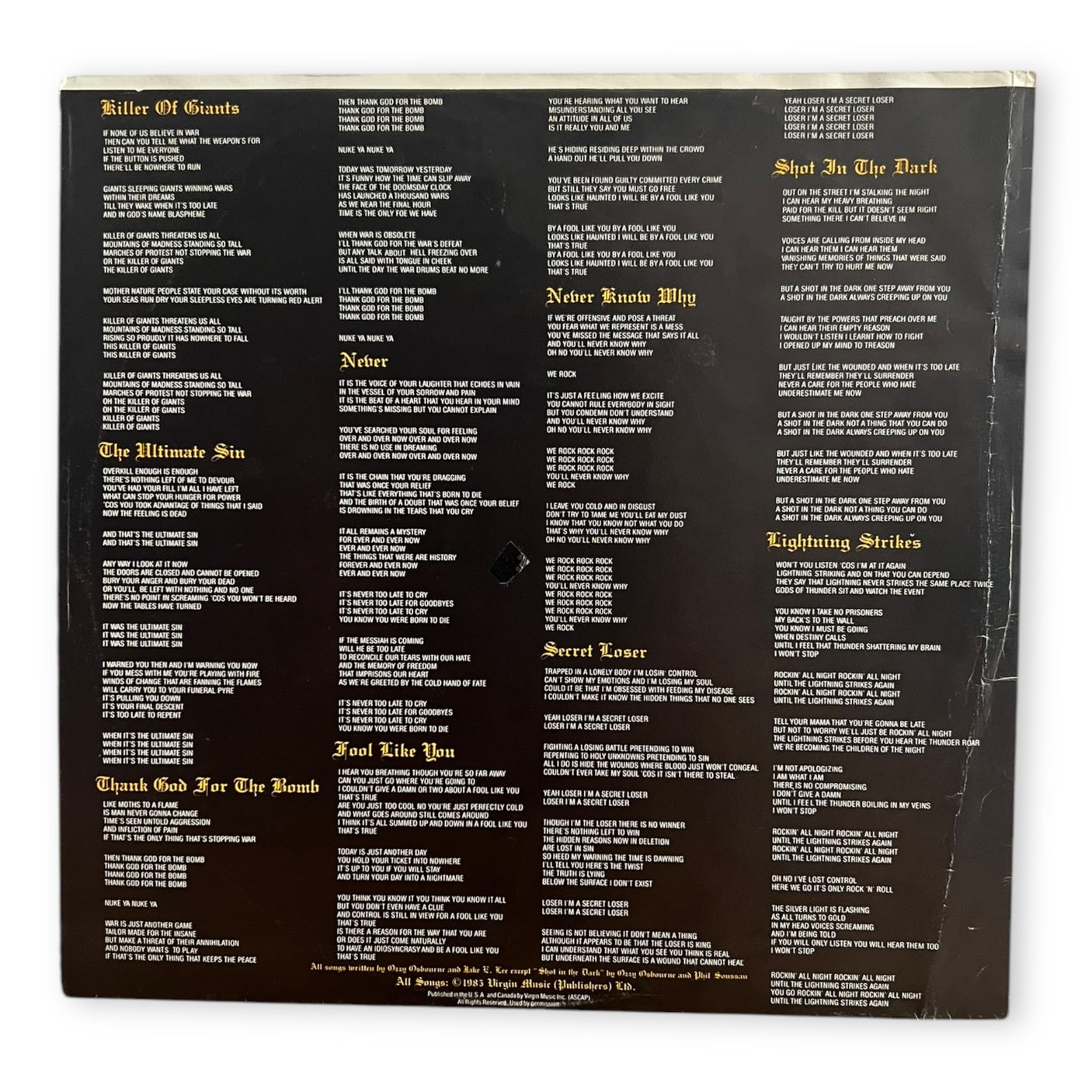 OZZY OSBOURNE - The Ultimate Sin - USED LP VINYL - ORIGINAL 1986 USA PRESS - VG+/VG+