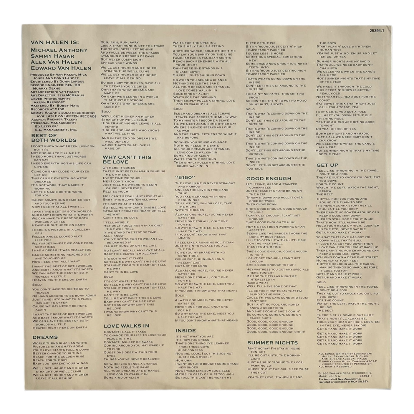 VAN HALEN - 5150 - USED LP VINYL - ORIGINAL 1986 AUSTRALIAN PRESS - VG+/VG+