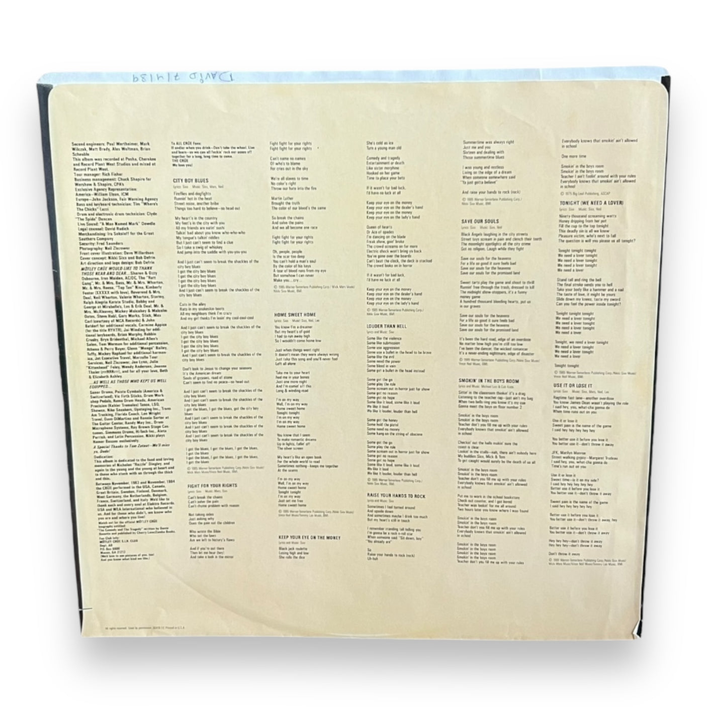 MOTLEY CRUE - Theatre Of Pain - USED LP VINYL - VG+/VG+