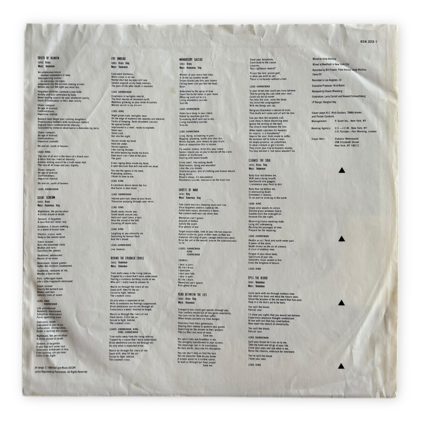 SLAYER - South Of Heaven - USED LP VINYL - ORIGINAL 1988 EUROPE PRESS - VG+/VG+