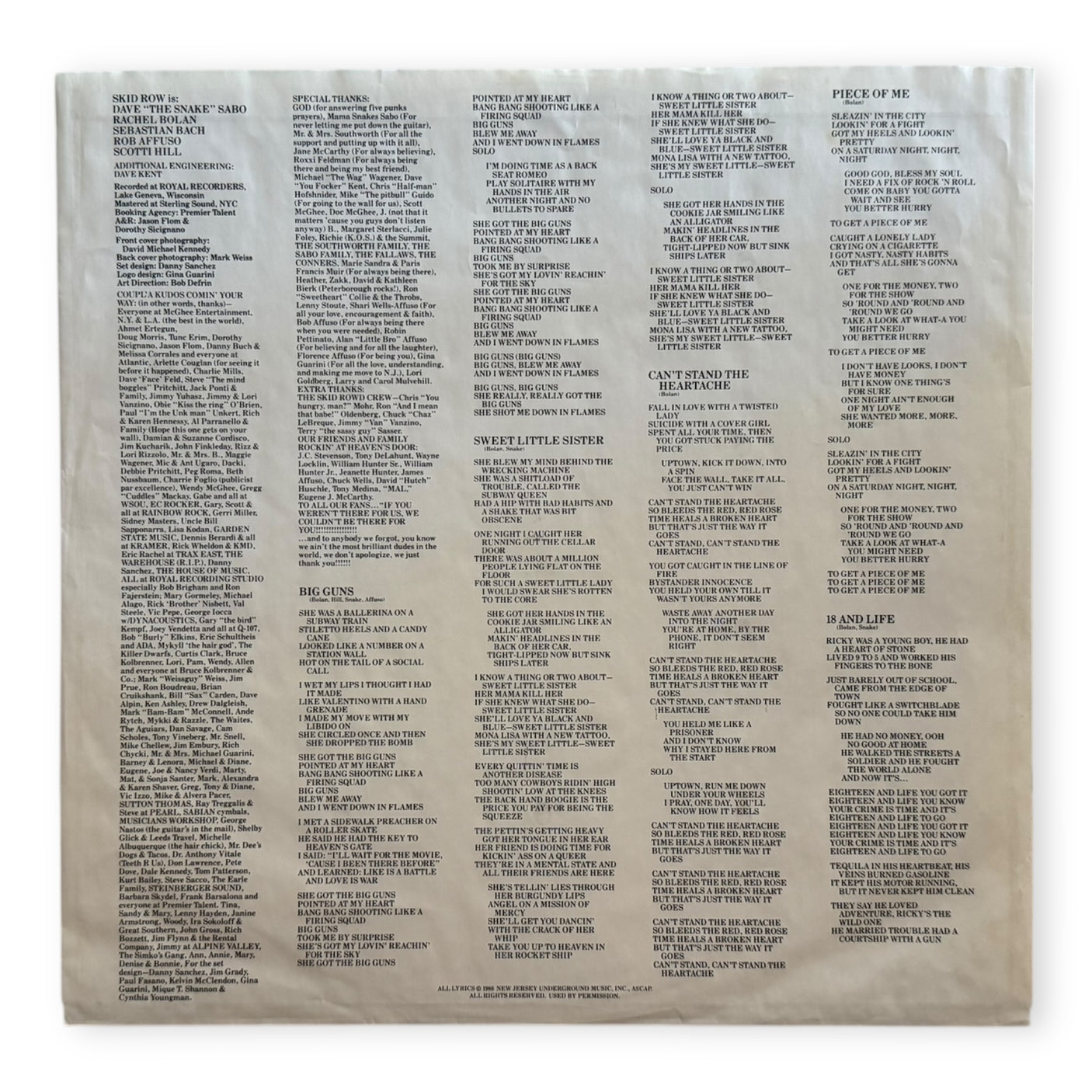 SKID ROW - Skid Row (Self Titled) - USED LP VINYL - ORIGINAL 1989 EUROPE PRESS - VG+/VG+