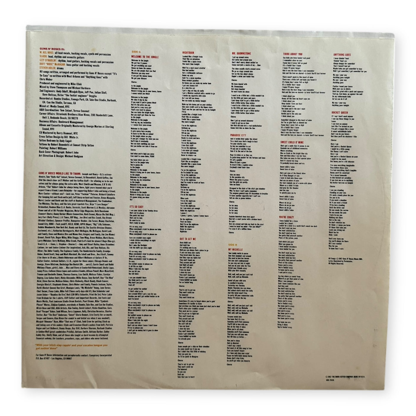 GUNS N ROSES - Appetite For Destruction - USED LP VINYL - ORIGINAL 1987 USA PRESS - VG+/VG+