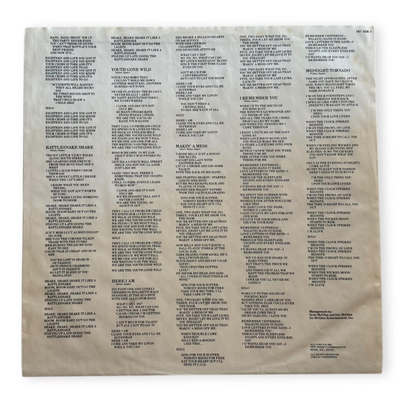 SKID ROW - Skid Row (Self Titled) - USED LP VINYL - ORIGINAL 1989 EUROPE PRESS - VG+/VG+