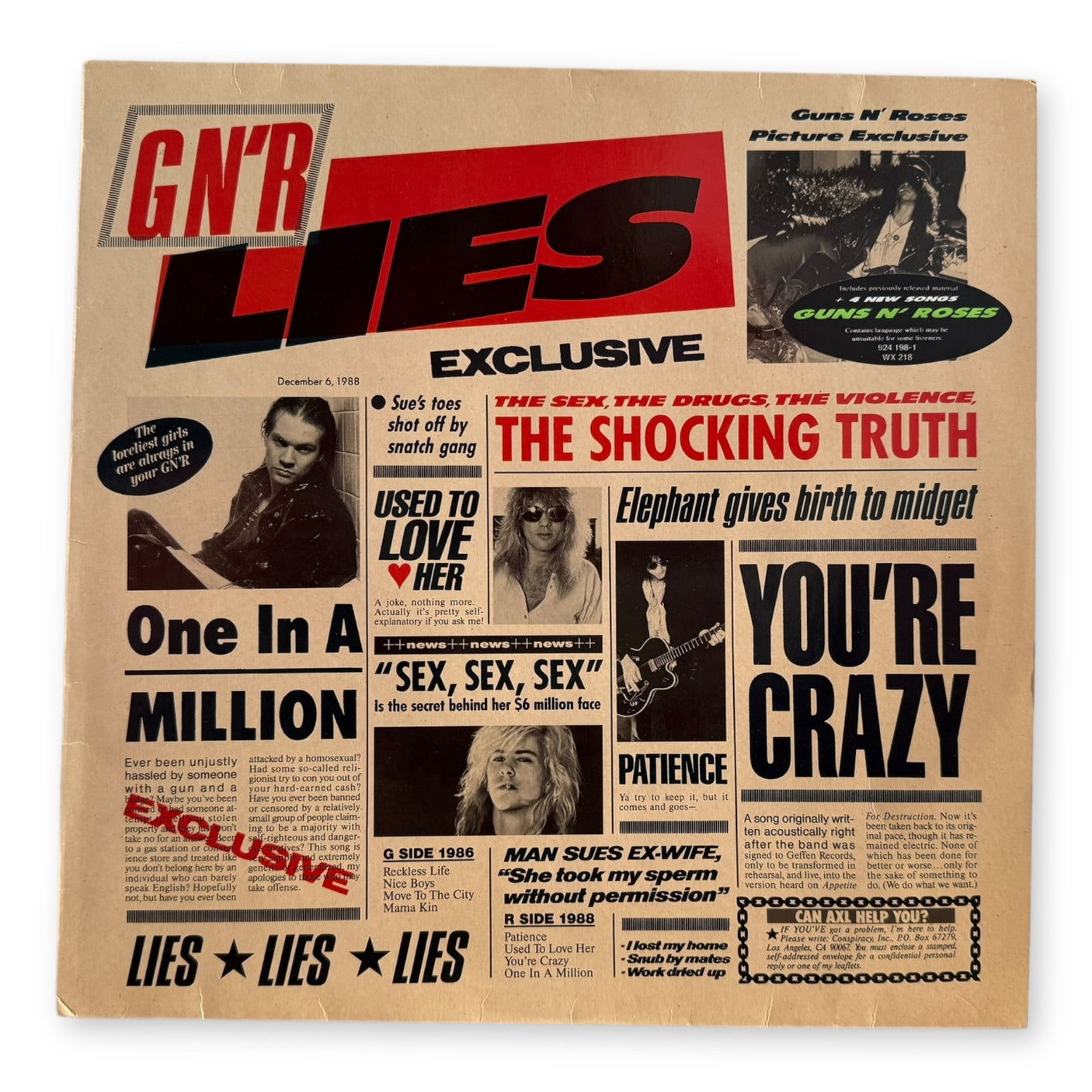 GUNS N ROSES - GN'R Lies - USED LP VINYL - ORIGINAL 1988 EUROPE PRESS - VG+/NM
