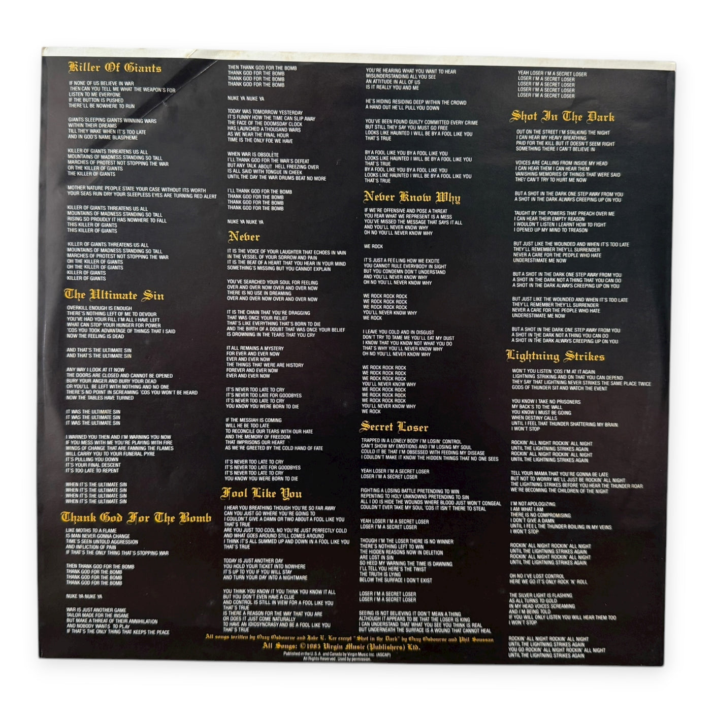 OZZY OSBOURNE - The Ultimate Sin | Original 1986 USA Press | Used LP Vinyl Album | VG+/VG+