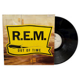 Vinyl record with R.E.M. 'Out of Time' album cover on a white background